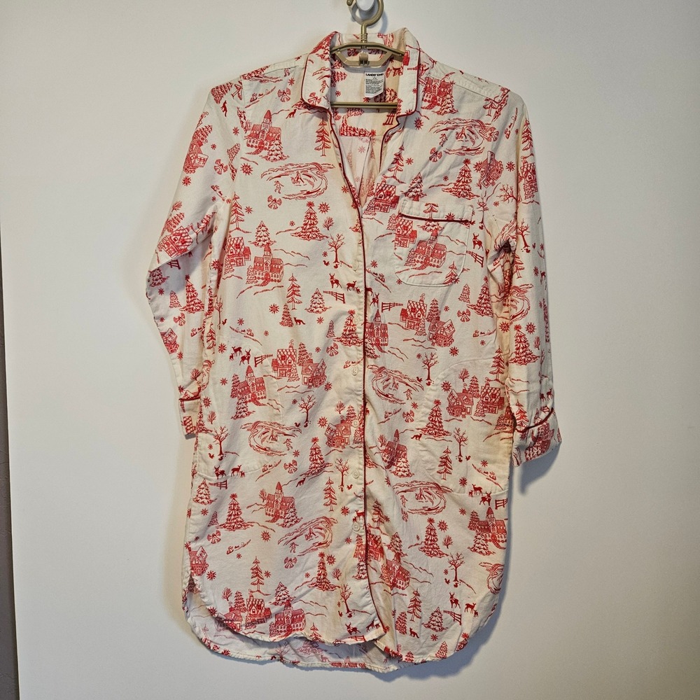 Lands End Nightshirt L 14-16 Red White Winter Village Flannel Christmas Holiday